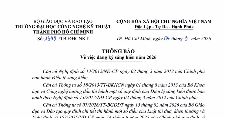 Thông báo về việc đăng ký sáng kiến năm 2026