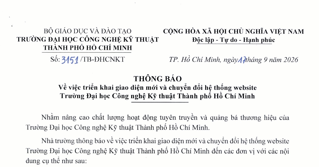 Thông báo số 3151/TB-ĐHCNKT ngày 17/9/2026 về việc triển khai giao diện mới và chuyển đổi hệ thống website HCM-UTE