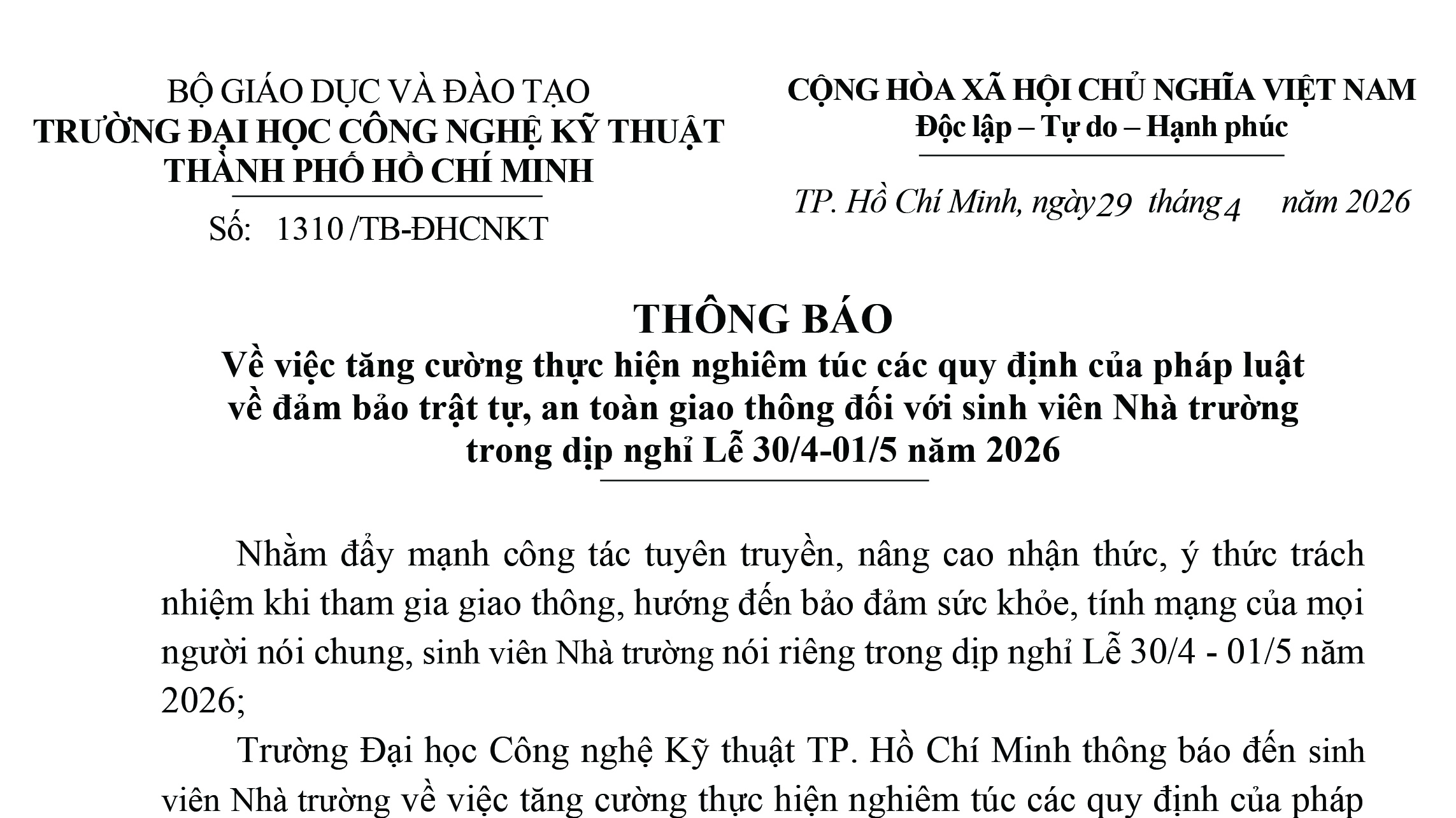 Thông báo về việc tăng cường thực hiện nghiêm túc các quy định của pháp luật  về đảm bảo trật tự, an toàn giao thông đối với sinh viên Nhà trường trong dịp nghỉ Lễ 30/4-01/5 năm 2026